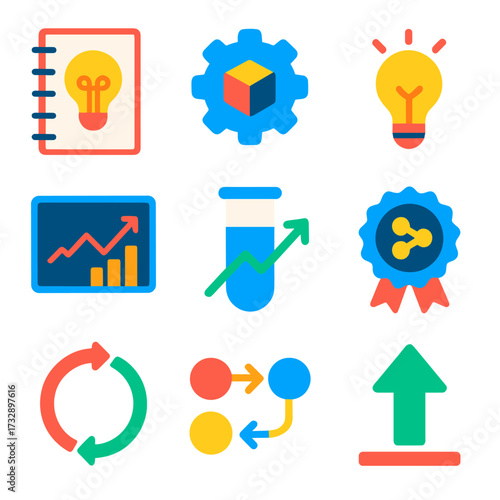 Flat Innovation Icons. Flat vector icons of innovation and development: idea sketchpad, prototype gear, innovation bulb, research