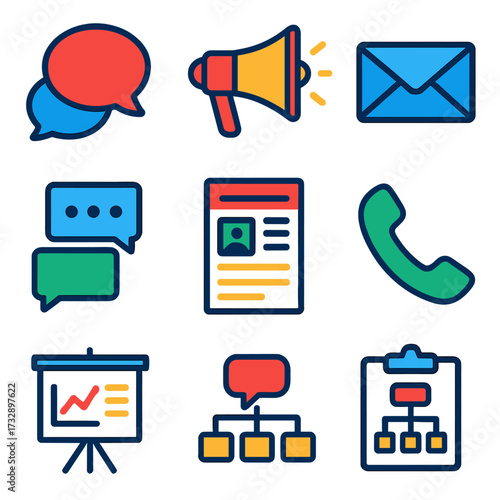 Bright Business Icons. Flat vector icons of business communication: speech bubble, megaphone announcement, business email,