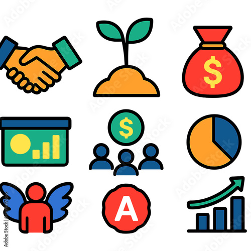 Investment Flat Icons. Flat vector icons of investment and funding: investor handshake, seed funding sprout, venture capital bag,