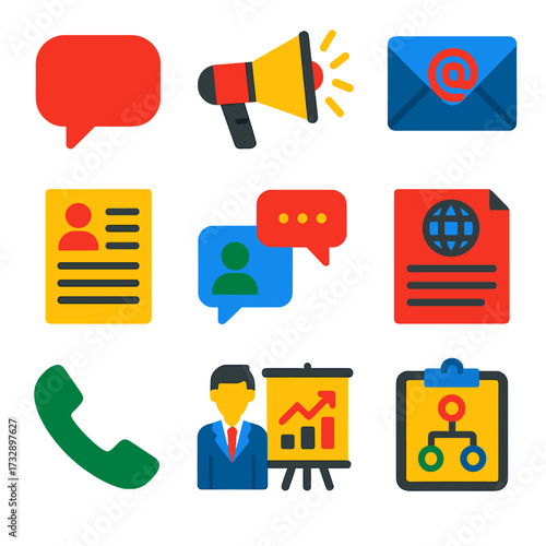 Bright Business Icons. Flat vector icons of business communication: speech bubble, megaphone announcement, business email,