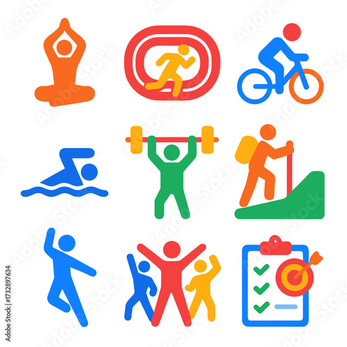 Bold Fitness Icons. Flat vector icons of fitness activities: yoga pose, running track, cycling icon, swimming figure, strength