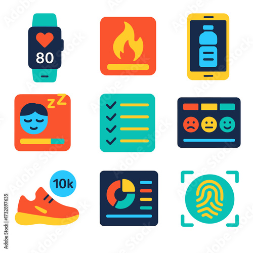 Wellness Tracking Icons. Flat vector icons of wellness tracking: fitness tracker screen, calorie counter, water intake app, sleep