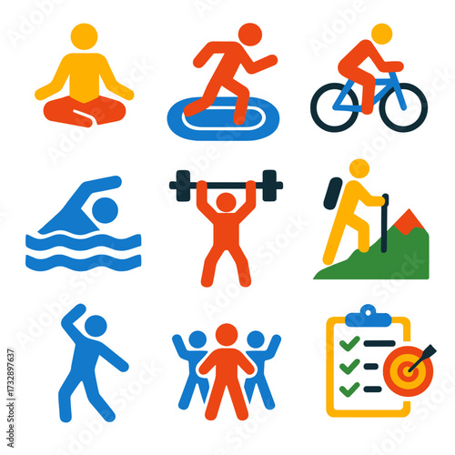 Bold Fitness Icons. Flat vector icons of fitness activities: yoga pose, running track, cycling icon, swimming figure, strength