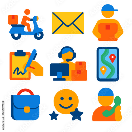 Courier Service Icons. Flat vector icons of courier services: delivery scooter, postal envelope, package pickup, delivery