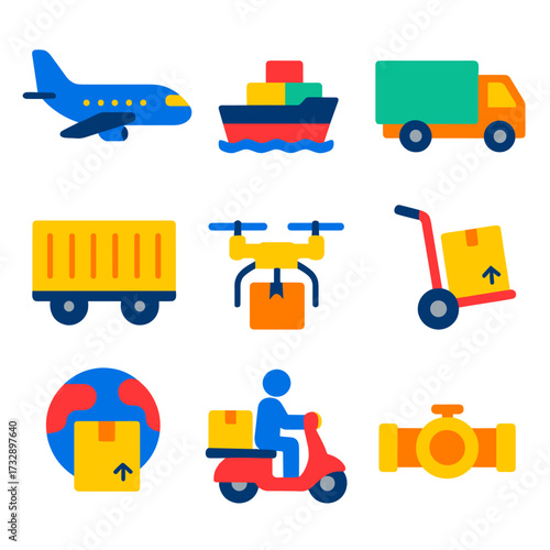 Modern Shipping Icons. Flat vector icons of shipping methods: air freight airplane, sea cargo ship, express truck, rail container,