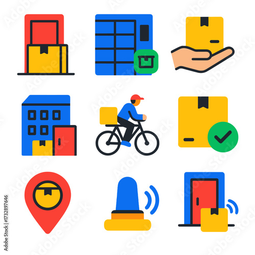 Modern Delivery Icons. Flat vector icons of last mile delivery: doorstep box, smart locker icon, delivery in hand, apartment