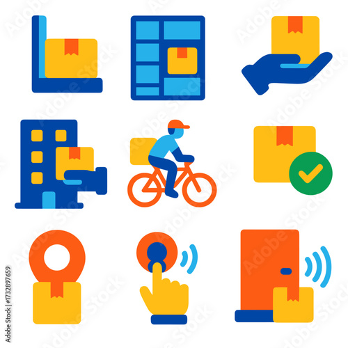 Modern Delivery Icons. Flat vector icons of last mile delivery: doorstep box, smart locker icon, delivery in hand, apartment