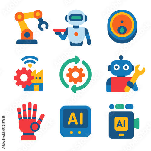 Robotics Icon Set. Flat vector icons of robotics and automation: industrial robot arm, service robot, humanoid bot, robotic vacuum