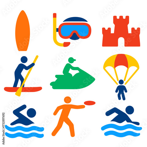 Beach Activity Icons. Flat vector icons of beach activities: surfing board, snorkeling mask, beach volleyball, sandcastle icon,