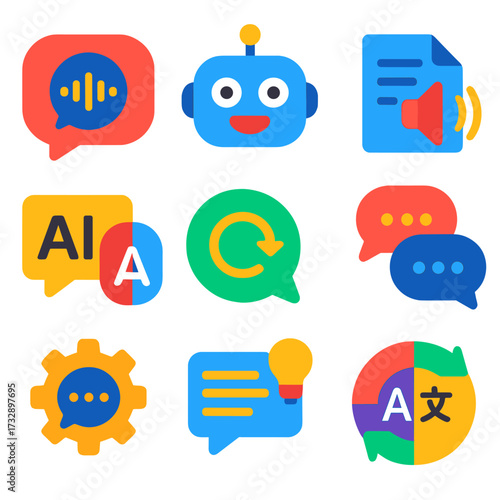 Modern Communication Icons. Flat vector icons of artificial communication: voice assistant bubble, chatbot face, text-to-speech