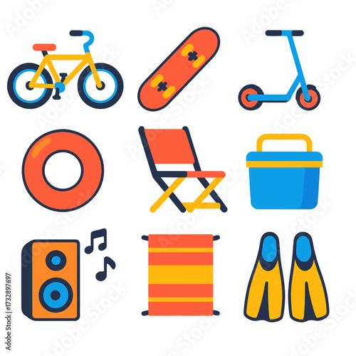 Beach Essentials Icons. Flat vector icons of beach transport and gear: beach bicycle, skateboard, electric scooter, inflatable