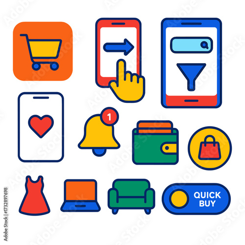 Mobile Shopping Icons. Flat vector icons of mobile shopping and app interface: shopping app icon, swipe to shop, mobile search bar