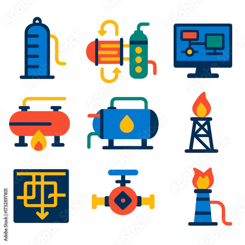 Refinery Process Icons. Flat vector icons of refinery processes: distillation column, heat exchanger, catalytic cracker, control