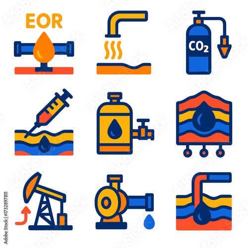 Enhanced Extraction Icons. Flat vector icons of alternative extraction methods: EOR (enhanced oil recovery), steam injection pipe,