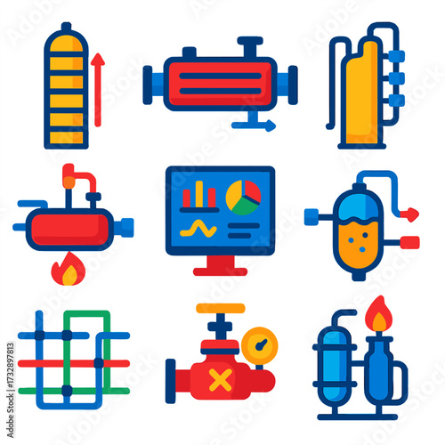 Refinery Process Icons. Flat vector icons of refinery processes: distillation column, heat exchanger, catalytic cracker, control