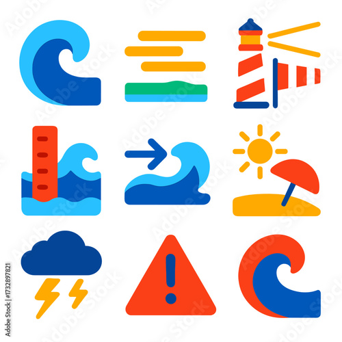 Marine Weather Icons. Flat vector icons of marine and coastal weather: ocean wave icon, coastal fog symbol, lighthouse with wind,