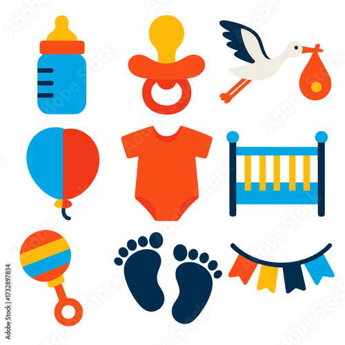Vibrant Baby Shower Icons. Flat vector icons of baby shower and birth: baby bottle, pacifier icon, stork with baby, baby rattle,
