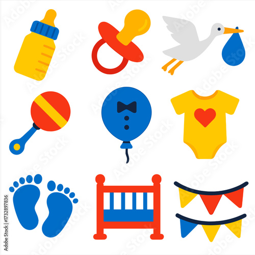 Vibrant Baby Shower Icons. Flat vector icons of baby shower and birth: baby bottle, pacifier icon, stork with baby, baby rattle,