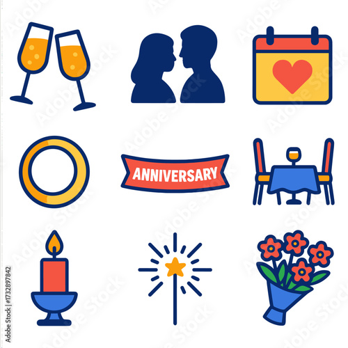 Anniversary Icon Set. Flat vector icons of anniversary celebration: champagne flutes, couple silhouette, heart calendar, golden