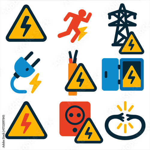 Electrical Hazard Icons. Flat vector icons of electrical hazards: high voltage sign, electric shock symbol, power line alert, plug