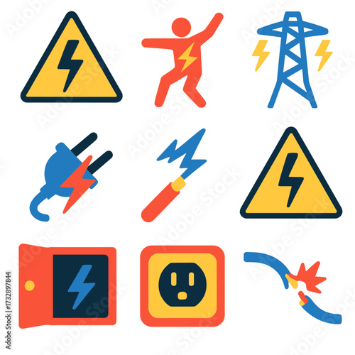 Electrical Hazard Icons. Flat vector icons of electrical hazards: high voltage sign, electric shock symbol, power line alert, plug