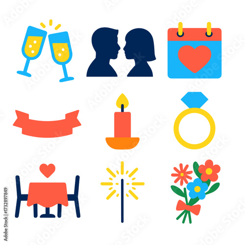 Anniversary Icon Set. Flat vector icons of anniversary celebration: champagne flutes, couple silhouette, heart calendar, golden