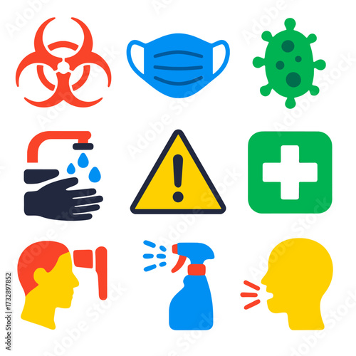 Health Safety Icons. Flat vector icons of health and hygiene warnings: biohazard virus, face mask zone, bacteria icon, hand