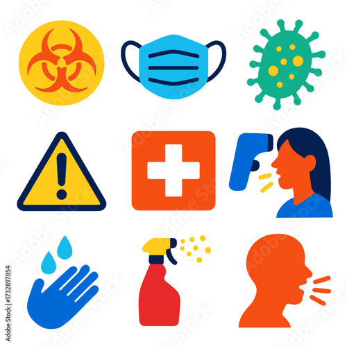 Health Safety Icons. Flat vector icons of health and hygiene warnings: biohazard virus, face mask zone, bacteria icon, hand