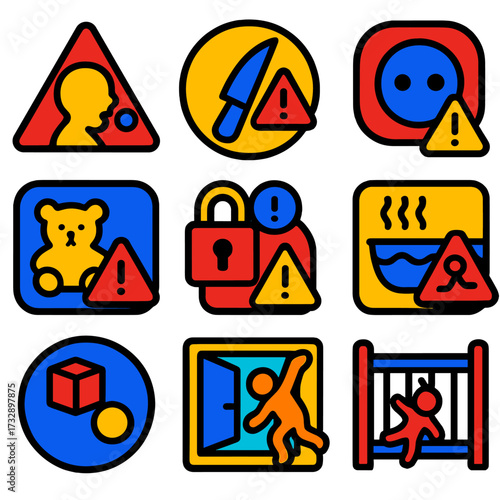 Children Safety Icons. Flat vector icons of children safety hazards: choking hazard symbol, sharp object icon, open socket warning