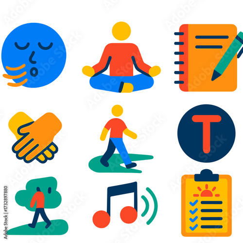 Coping Strategy Icons. Flat vector icons of coping strategies: breathing exercise icon, meditation pose, journaling notebook, time