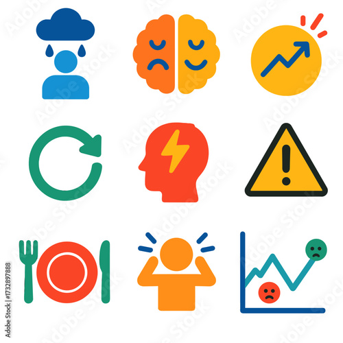 Mental Health Icons. Flat vector icons of mental disorders awareness: depression symbol, bipolar brain, ADHD icon, OCD loop, PTSD