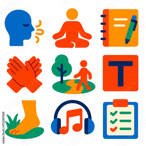 Coping Strategy Icons. Flat vector icons of coping strategies: breathing exercise icon, meditation pose, journaling notebook, time
