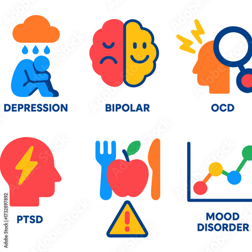 Mental Health Icons. Flat vector icons of mental disorders awareness: depression symbol, bipolar brain, ADHD icon, OCD loop, PTSD