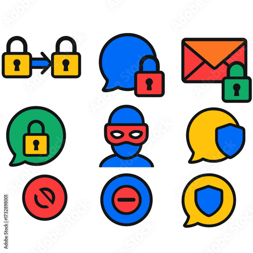 Digital Privacy Icons. Flat vector icons of digital communication privacy: end-to-end encryption icon, private chat bubble,