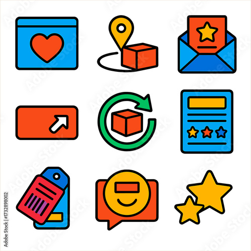 Post-Purchase Icons. Flat vector icons of post-purchase experience: thank you pop-up, order tracking icon, review request email,