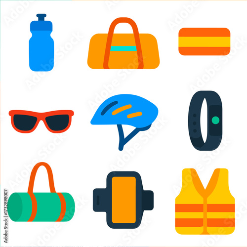 Bold Sport Icons. Flat vector icons of outdoor and sport accessories: water bottle, gym bag, sweatband, yoga mat strap, sports