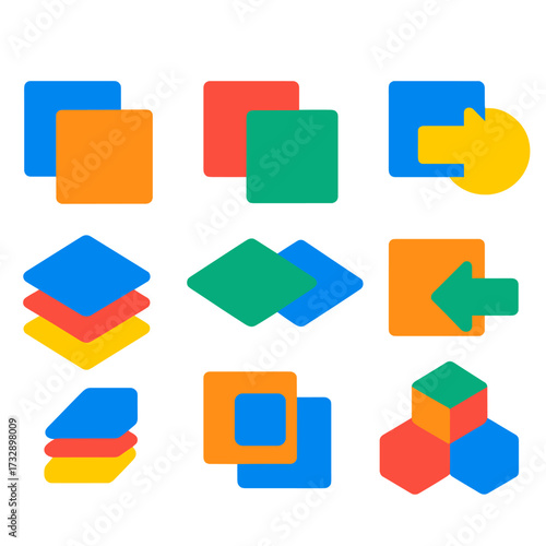 Bold Stack Icons. Flat vector icons of stacking and order positions: bring to front, send to back, bring forward, send backward,