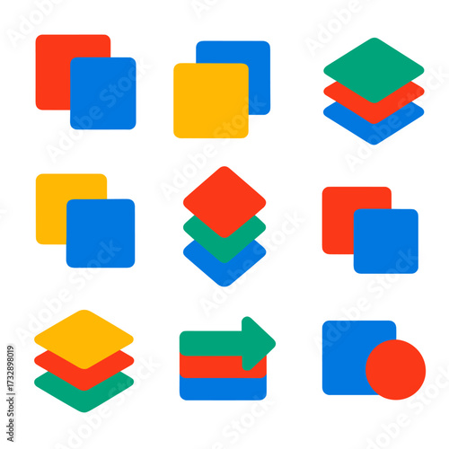 Bold Stack Icons. Flat vector icons of stacking and order positions: bring to front, send to back, bring forward, send backward,