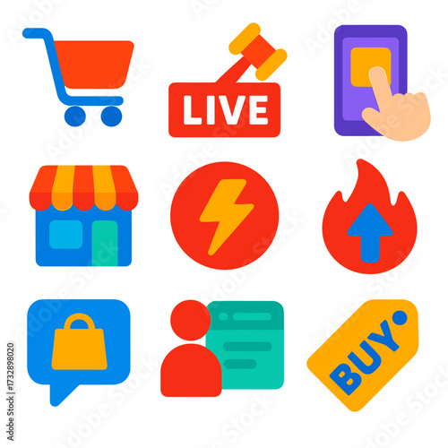 Vibrant Shopping Icons. Flat vector icons of shopping apps and marketplaces: mobile cart icon, live auction button, product swipe,