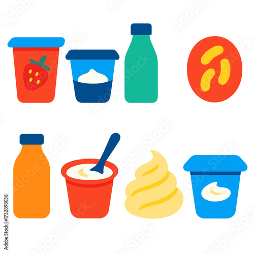 Yogurt Icon Set. Flat vector icons of yogurt and cultured dairy: fruit yogurt cup, Greek yogurt container, kefir bottle, plain