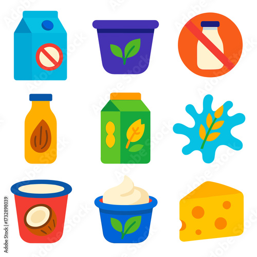 Lactose-Free Dairy Icons. Flat vector icons of lactose-free dairy: lactose-free milk carton, dairy-free yogurt, lactose-free label