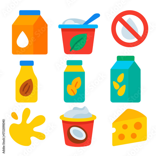 Lactose-Free Dairy Icons. Flat vector icons of lactose-free dairy: lactose-free milk carton, dairy-free yogurt, lactose-free label