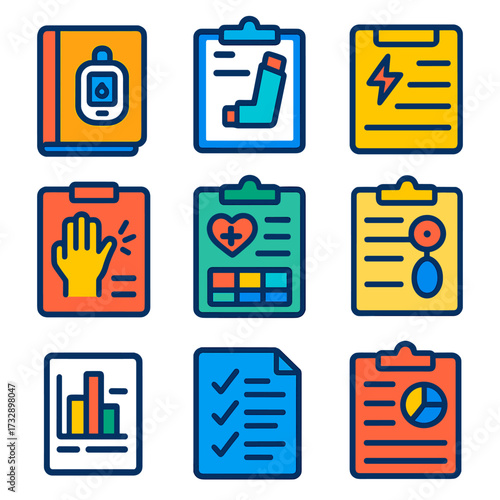 Chronic Illness Icons. Flat vector icons of chronic illness tracking: diabetes logbook, asthma record sheet, blood pressure diary,
