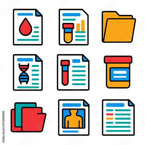 Modern Lab Report Icons. Flat vector icons of laboratory test reports: blood test result, urine analysis chart, lab document
