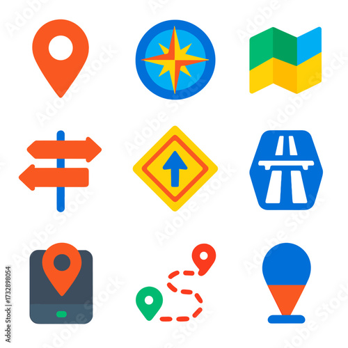 Minimalist Transport Icons. Flat vector icons of transport and navigation symbols: location pin, compass rose, map icon, direction