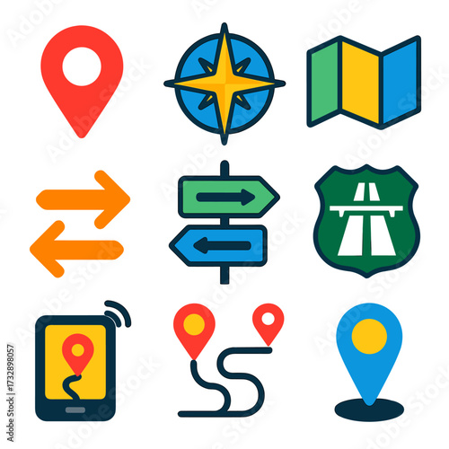 Minimalist Transport Icons. Flat vector icons of transport and navigation symbols: location pin, compass rose, map icon, direction