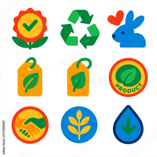 Eco Quality Icons. Flat vector icons of environmental and ethical quality: eco quality badge, recycled label, cruelty-free icon,