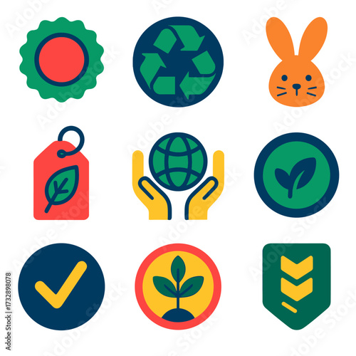 Eco Quality Icons. Flat vector icons of environmental and ethical quality: eco quality badge, recycled label, cruelty-free icon,