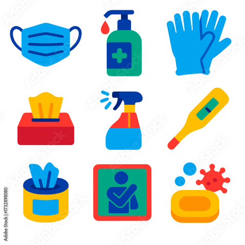 Hygiene Icons Set. Flat vector icons of hygiene during illness: medical face mask, hand sanitizer, disposable gloves, tissue pack,