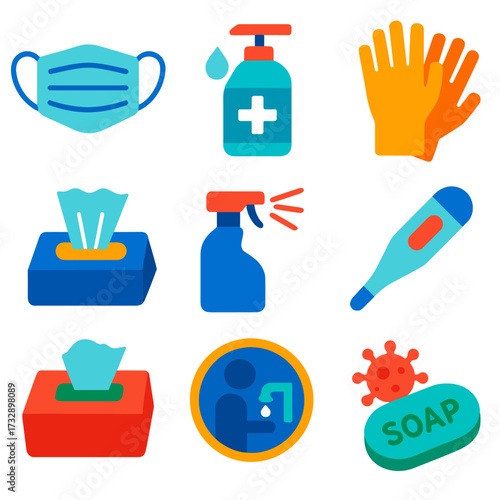 Hygiene Icons Set. Flat vector icons of hygiene during illness: medical face mask, hand sanitizer, disposable gloves, tissue pack,